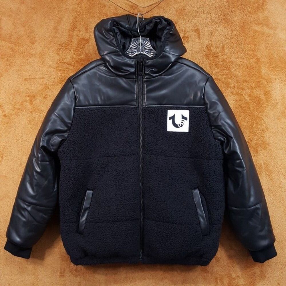 TRUE RELIGION Puffer Coat Mens Small Black Faux Leather Hooded Sherpa Zip Up